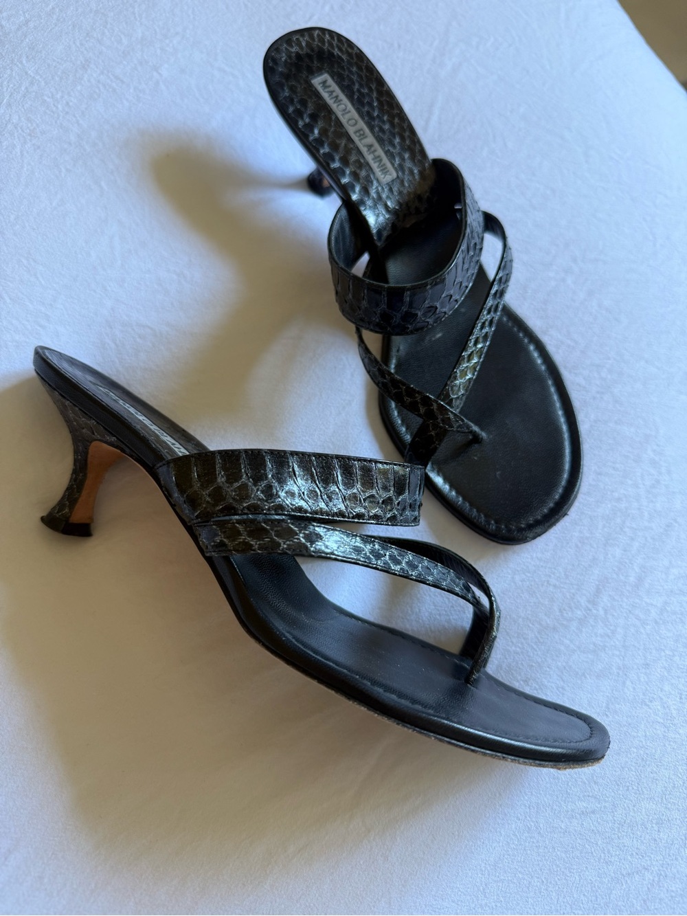 Vintage Manolo Blahnik Black Snakeskin Susa Mules/Sandals on kitten heels